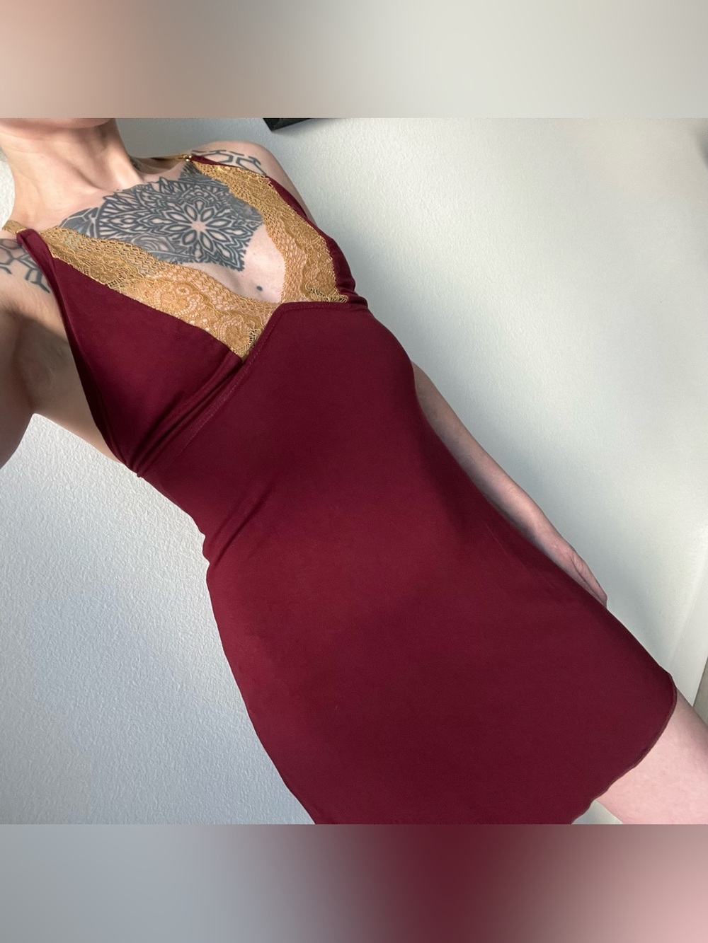 Bamboo Sleep Chemise: Handmade Lace Trim Slip, red & gold ochre S /M